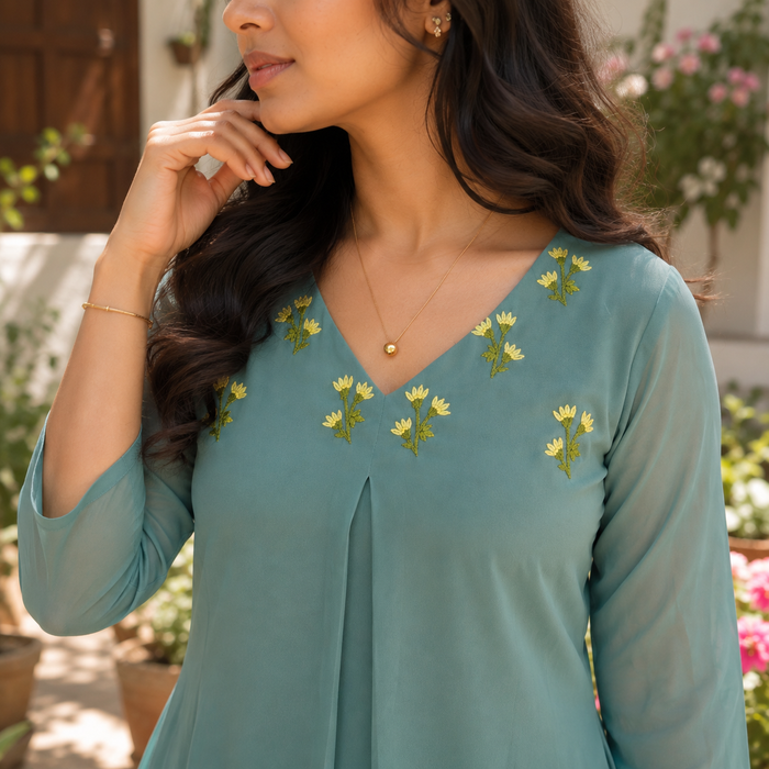 Pastel green georgette Aline kurtii with handworked yoke MBS-1362