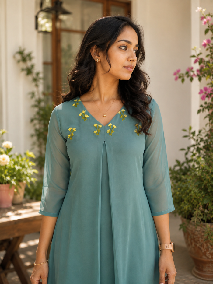Pastel green georgette Aline kurtii with handworked yoke MBS-1362