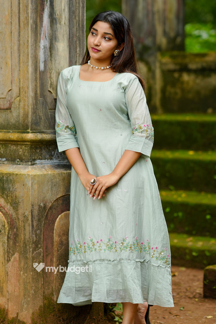Pastel green mul chanderi kurti/dress with handworked hemline MBS-1340