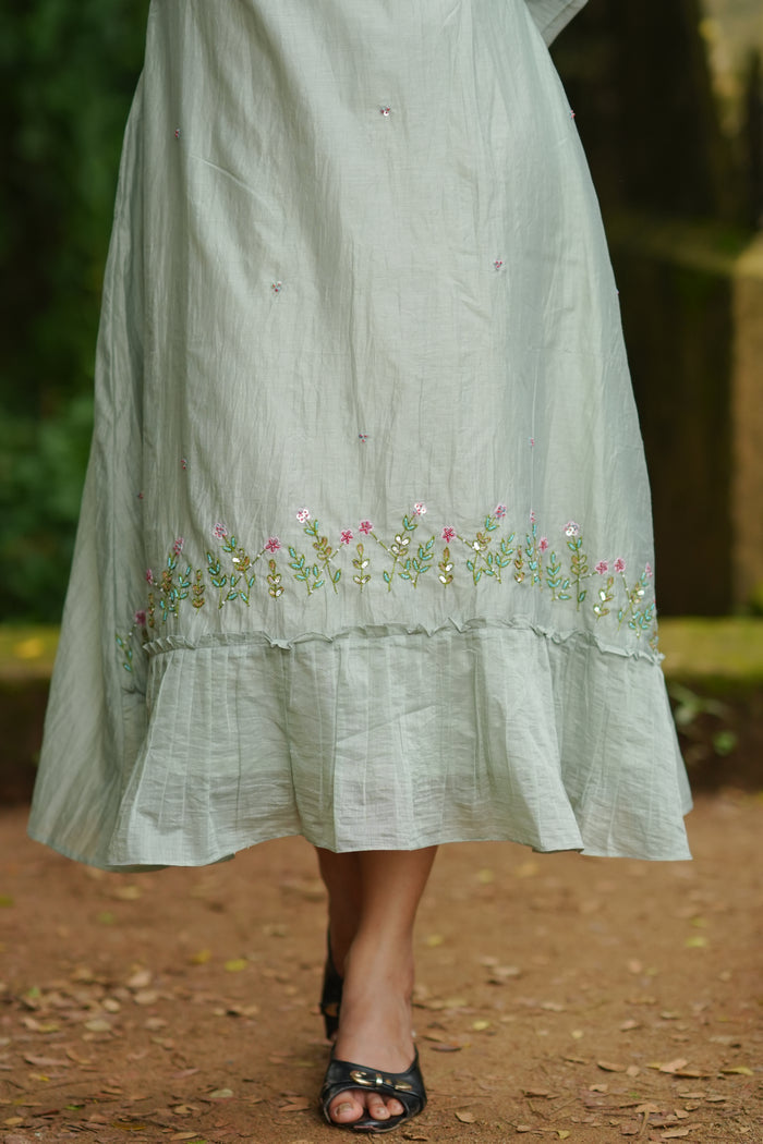 Pastel green mul chanderi kurti/dress with handworked hemline MBS-1340