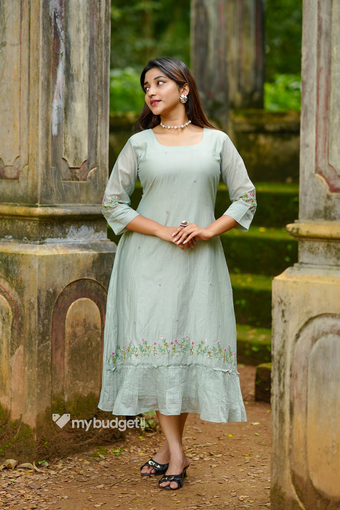 Pastel green mul chanderi kurti/dress with handworked hemline MBS-1340