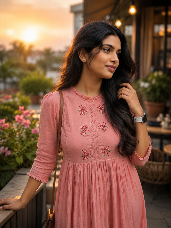 Peach mul cotton Aline Kurti/dress with frilled neck and floral embroidered yoke MBS-1280