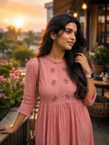 Peach mul cotton Aline Kurti/dress with frilled neck and floral embroidered yoke MBS-1280
