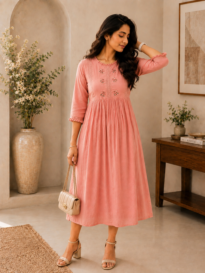 Peach mul cotton Aline Kurti/dress with frilled neck and floral embroidered yoke MBS-1280