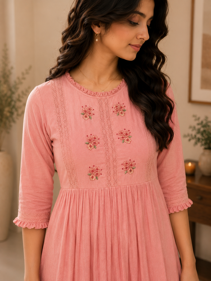 Peach mul cotton Aline Kurti/dress with frilled neck and floral embroidered yoke MBS-1280