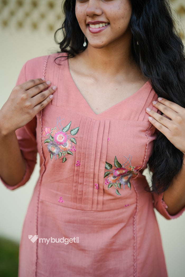Peach shaded flex cotton A-line kurti/dress with floral embroidery detailed yoke MBS-866