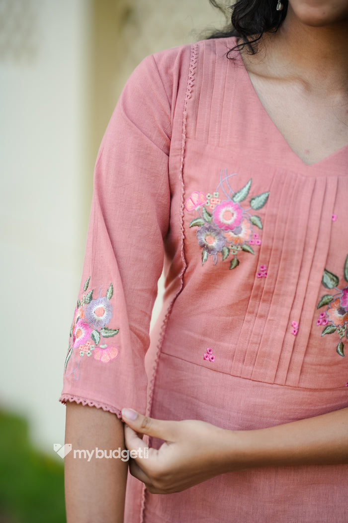 Peach shaded flex cotton A-line kurti/dress with floral embroidery detailed yoke MBS-866