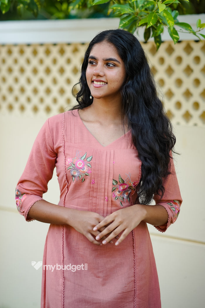 Peach shaded flex cotton A-line kurti/dress with floral embroidery detailed yoke MBS-866
