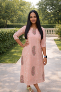 Peach shaded mul chanderi floral printed kurti with thread embroidery detailing MBS-855