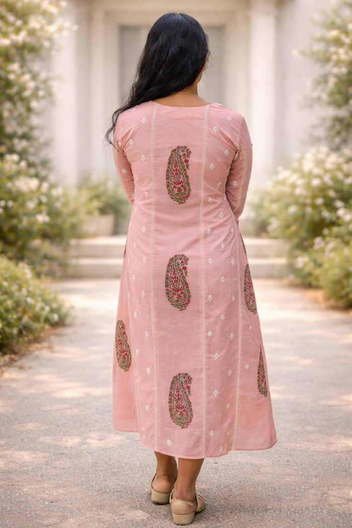 Peach shaded mul chanderi floral printed kurti with thread embroidery detailing MBS-855