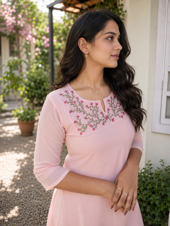 Peachy pink georgette Aline kurti with thread embroidered yoke MBS-1370