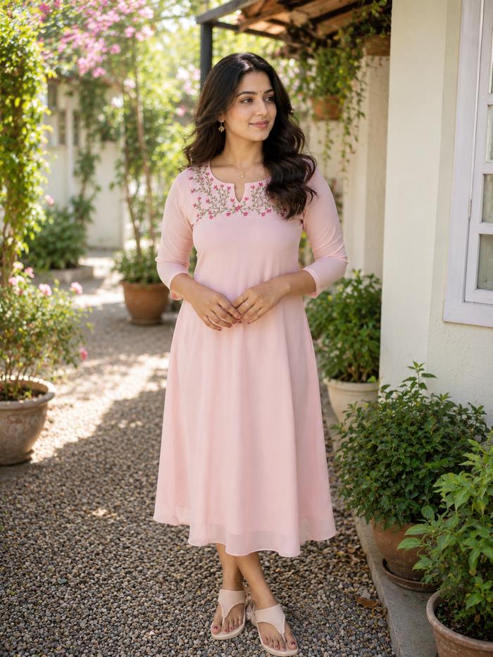 Peachy pink georgette Aline kurti with thread embroidered yoke MBS-1370
