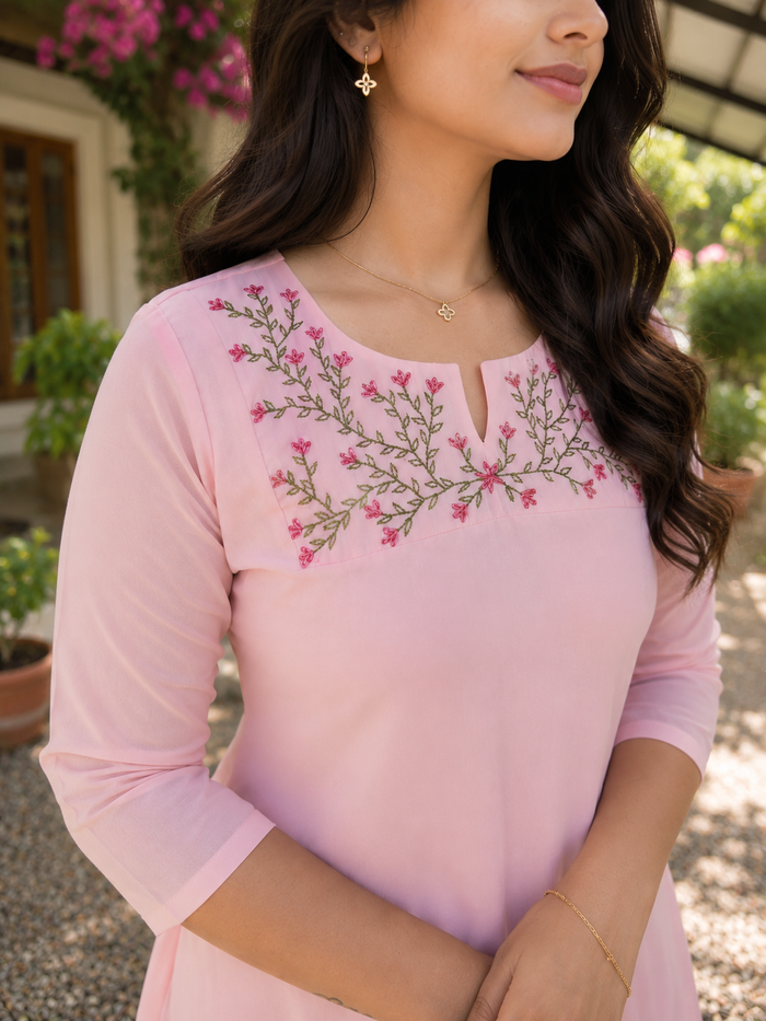 Peachy pink georgette Aline kurti with thread embroidered yoke MBS-1370