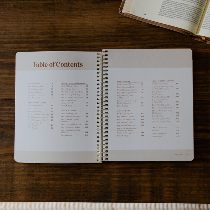 Peaks and Valleys Mens Spiral Study opened to the Table of Contents on a brown wooden table next to an open book