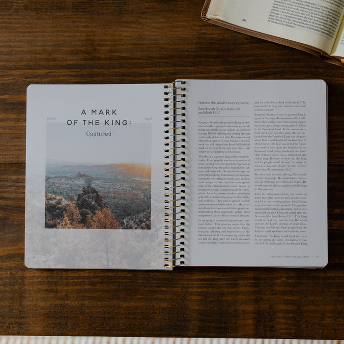Peaks and Valleys Mens Spiral Study opened to Week 2 and Day 5 beginning page on a brown wooden table next to an open book