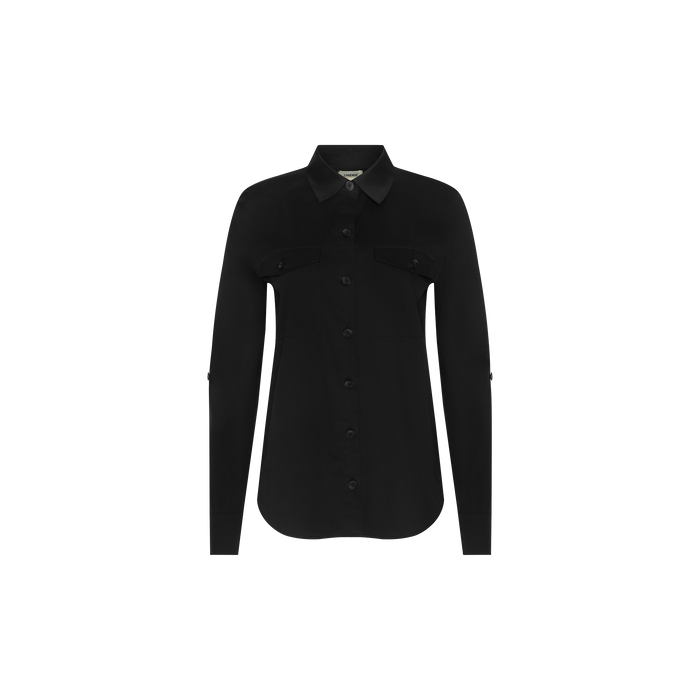 The Pearson Poplin Shirt is a long-sleeve, button-down black shirt with two chest pockets, displayed on a white background.