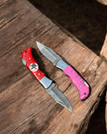 Personalized Damascus Steel Pocket Knife Pair with Damascus Blade - Custom Father Day Gift Knife cskforged
