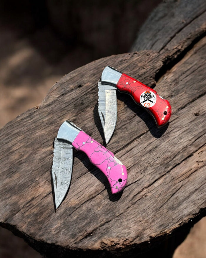 Personalized Damascus Steel Pocket Knife Pair with Damascus Blade - Custom Father Day Gift Knife cskforged