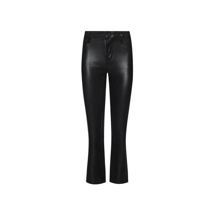 Petite Kendra Coated Jean in black faux leather features a high-rise waist, straight, slightly flared leg, classic five-pocket styling, and front button and zipper closure. Displayed on a plain white background.