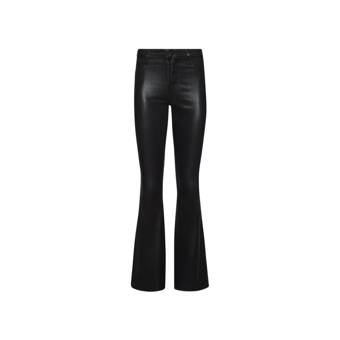 Petite Marty Coated Jean—black coated denim flared pants featuring a high-rise waist, front zipper, and button closure, displayed on a plain white background.
