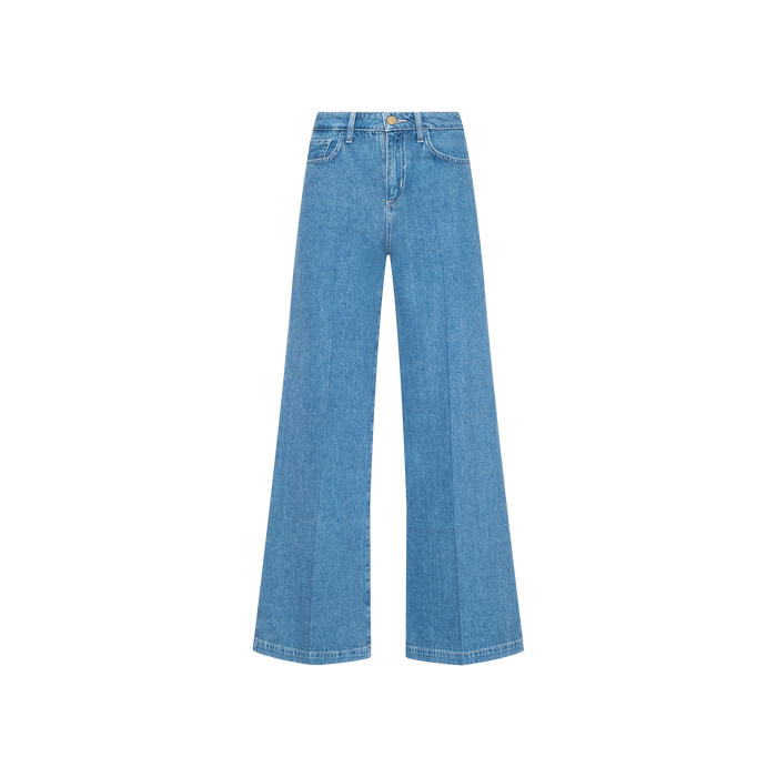 The Petite Quincy Wide-Leg Jean, crafted from featherweight denim in light blue, features a high-waisted fit with front and back pockets and a button and zipper closure, shown on a white background.