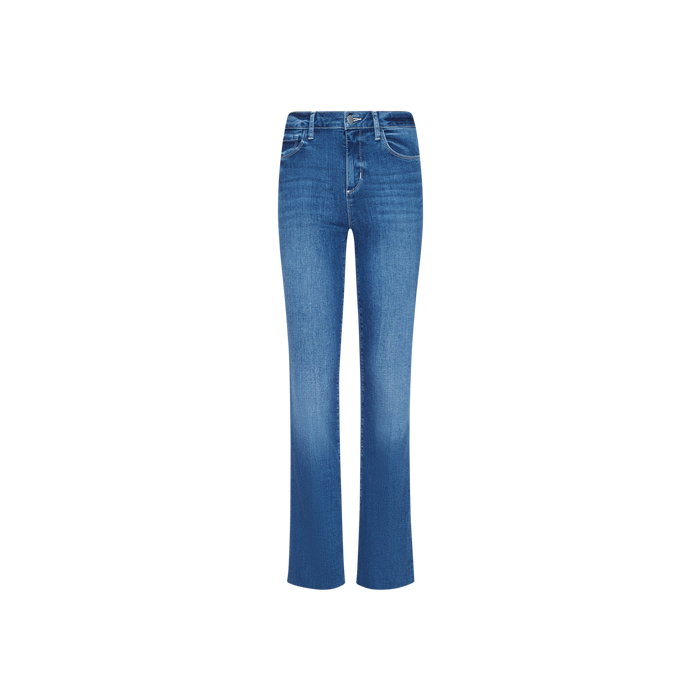The Petite Ruth Straight-Leg Jean in heritage indigo features a slight flare at the bottom, a classic five-pocket design, front zipper and button closure, and is crafted from super stretch denim. Shown on a plain white background.