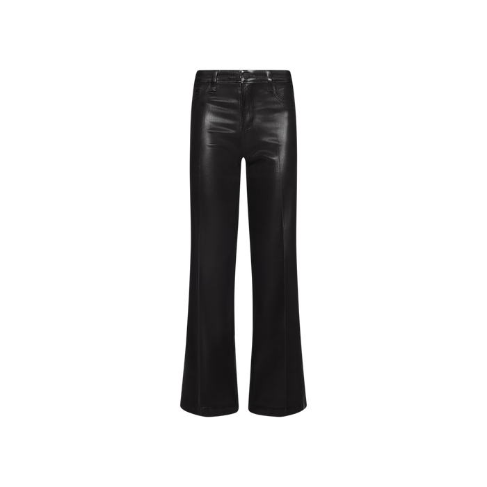 Petite Scottie Coated Jean in black displayed on a white background, featuring a high-rise waist, front zipper, belt loops, and a smooth, shiny coated denim finish in a straight-leg silhouette.