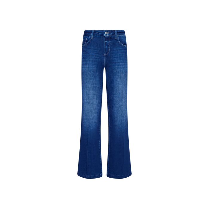 The Petite Scottie Wide-Leg Jean features a high-rise fit in stretch denim, complete with front and back pockets, a button and zip closure, and subtle thigh fading. Shown here in blue on a plain white background.