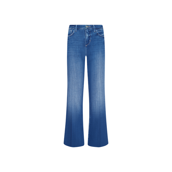 Petite Scottie Wide-Leg Jean in blue denim featuring a high-rise fit, button and zip closure, five-pocket design, and light fading on the thighs. Shown against a plain white background.