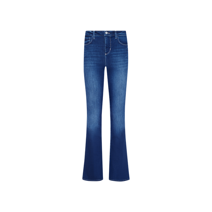 The Petite Selma Bootcut Jean, crafted from super stretch denim, features a bootcut silhouette in blue with front pockets, button closure, and slightly faded detailing on the thighs. It is displayed against a plain white background.