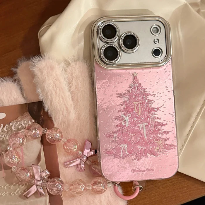 Pink Christmas Tree Glitter With Chain Phone Case For iPhone PhoneShells