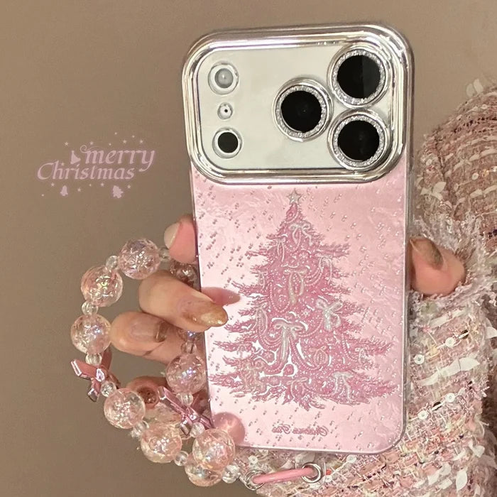 Pink Christmas Tree Glitter With Chain Phone Case For iPhone PhoneShells
