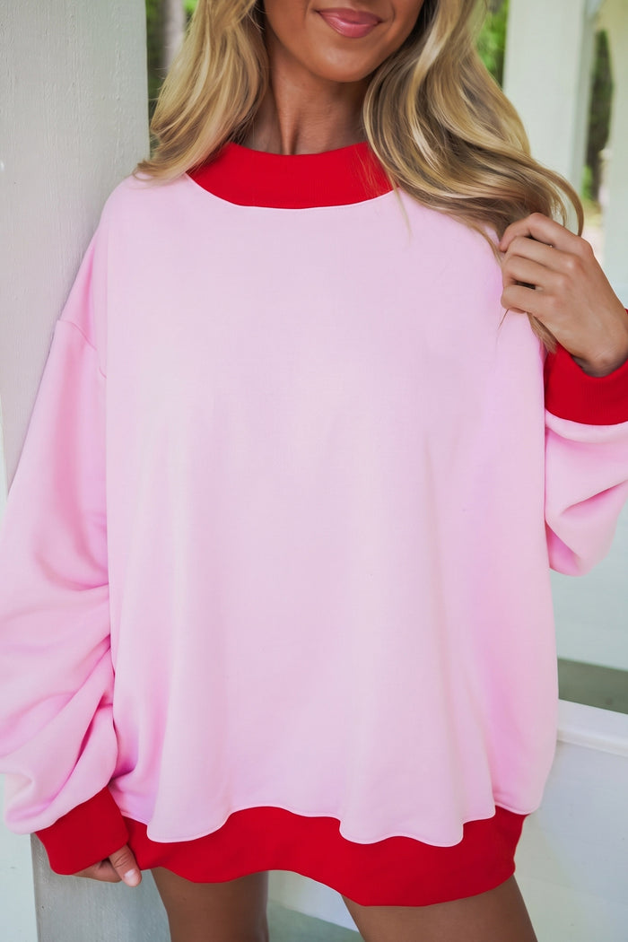 Pink Colorblock Trim Crewneck Long Sleeve Pullover Sweatshirt Shewin
