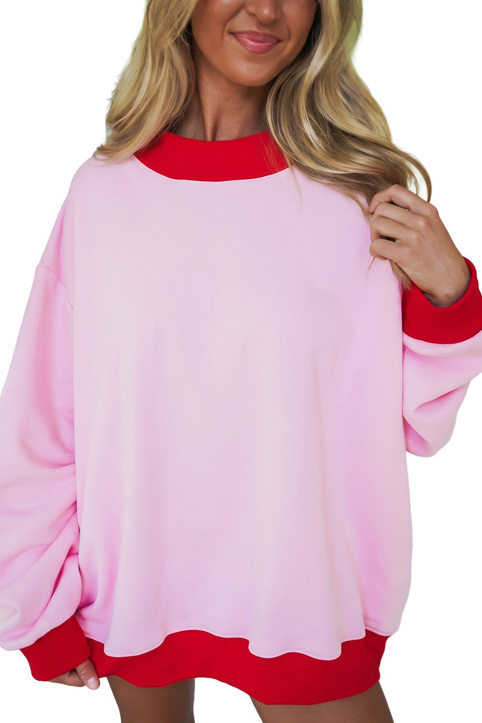 Pink Colorblock Trim Crewneck Long Sleeve Pullover Sweatshirt Shewin