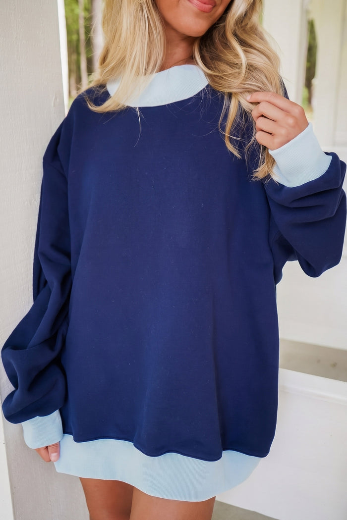 Pink Colorblock Trim Crewneck Long Sleeve Pullover Sweatshirt Shewin