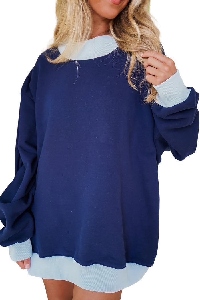 Pink Colorblock Trim Crewneck Long Sleeve Pullover Sweatshirt Shewin