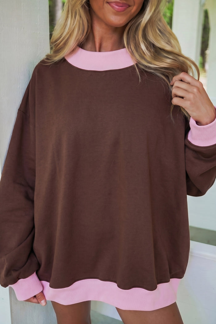 Pink Colorblock Trim Crewneck Long Sleeve Pullover Sweatshirt Shewin