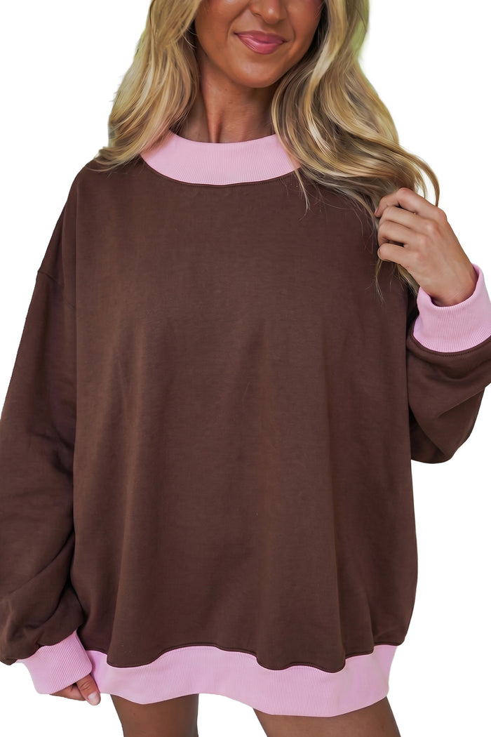 Pink Colorblock Trim Crewneck Long Sleeve Pullover Sweatshirt Shewin