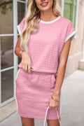 Pink Contrast Trim Textured Crewneck Top and Pocketed Skirt Set Shewin