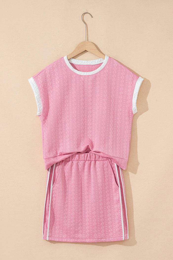 Pink Contrast Trim Textured Crewneck Top and Pocketed Skirt Set Shewin
