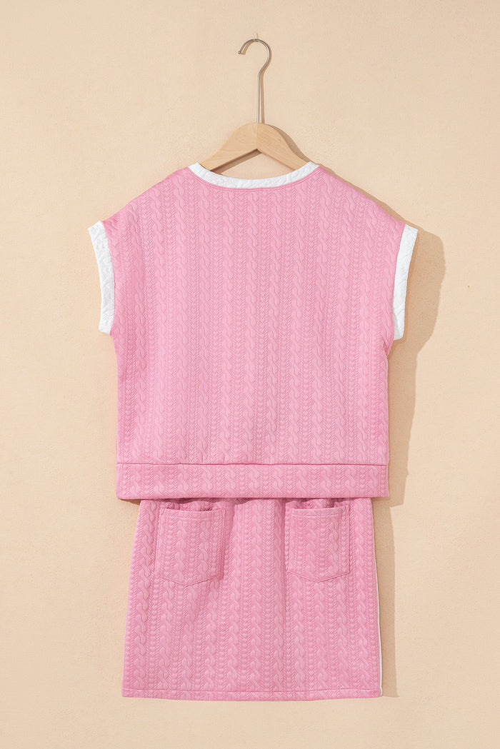 Pink Contrast Trim Textured Crewneck Top and Pocketed Skirt Set Shewin