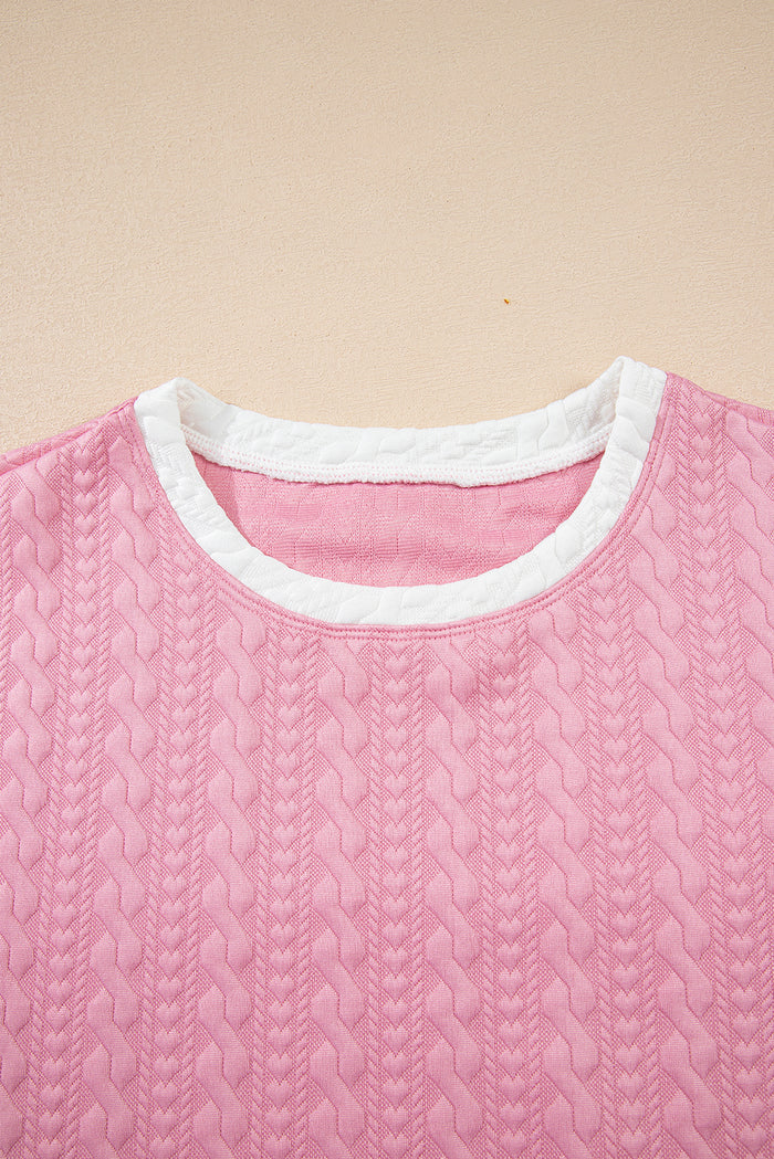 Pink Contrast Trim Textured Crewneck Top and Pocketed Skirt Set Shewin