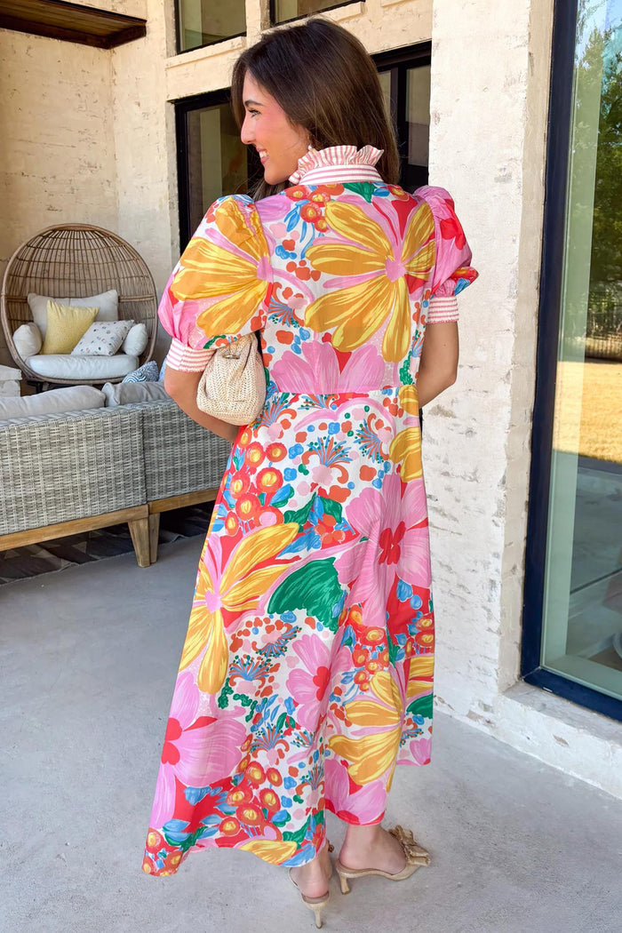 Pink Floral Print Striped Trim Button Down Short Sleeve Vacation Dress