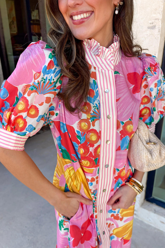 Pink Floral Print Striped Trim Button Down Short Sleeve Vacation Dress
