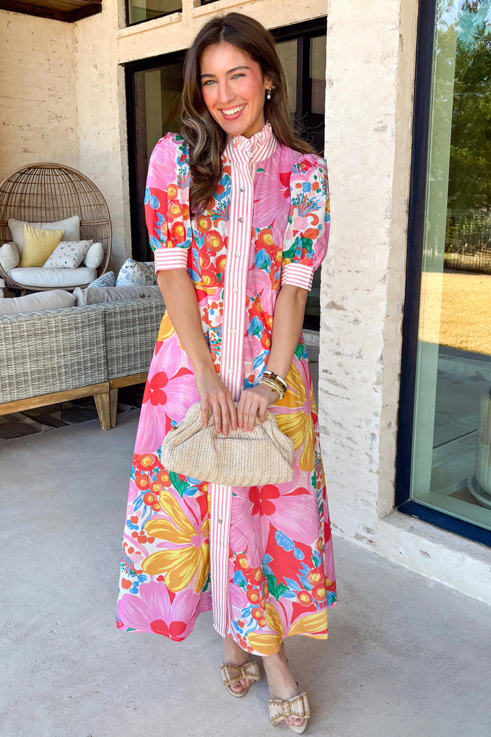 Pink Floral Print Striped Trim Button Down Short Sleeve Vacation Dress