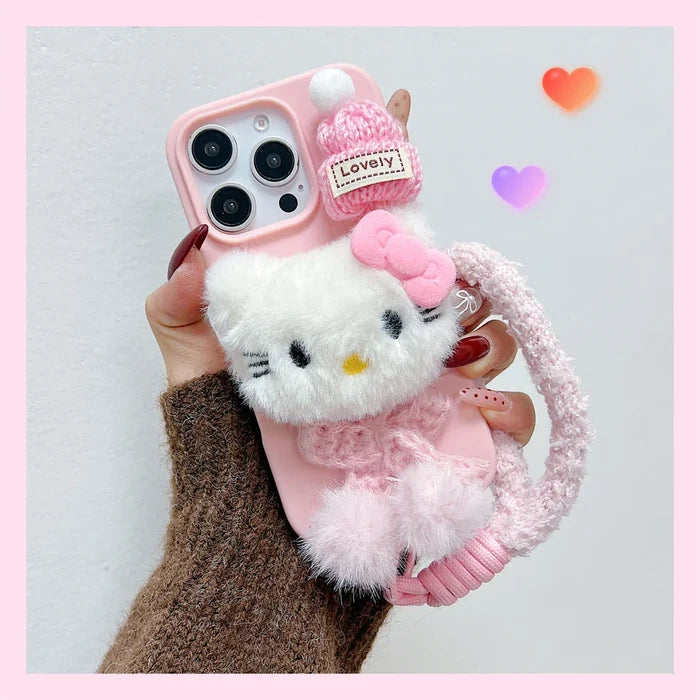 Pink Hello Kitty Fur Fluffy Cute Wrist Strap Phone Case PhoneShells