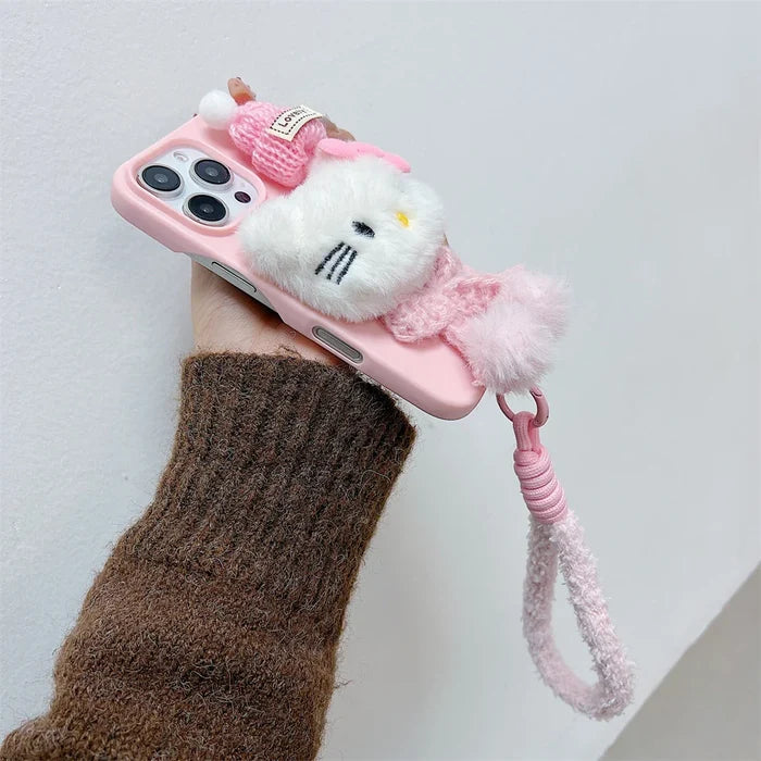 Pink Hello Kitty Fur Fluffy Cute Wrist Strap Phone Case PhoneShells