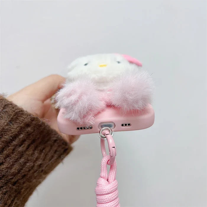 Pink Hello Kitty Fur Fluffy Cute Wrist Strap Phone Case PhoneShells