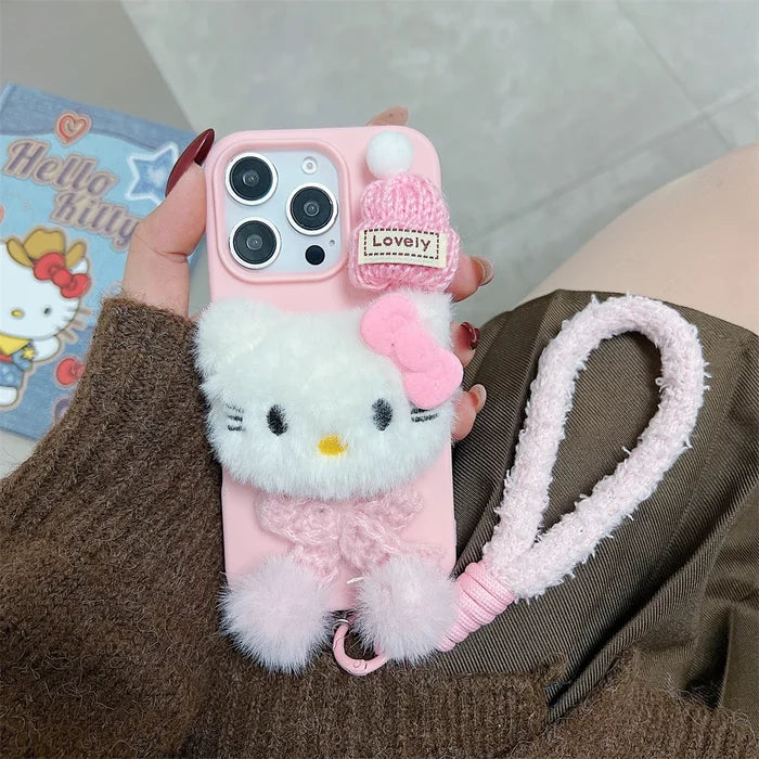 Pink Hello Kitty Fur Fluffy Cute Wrist Strap Phone Case PhoneShells