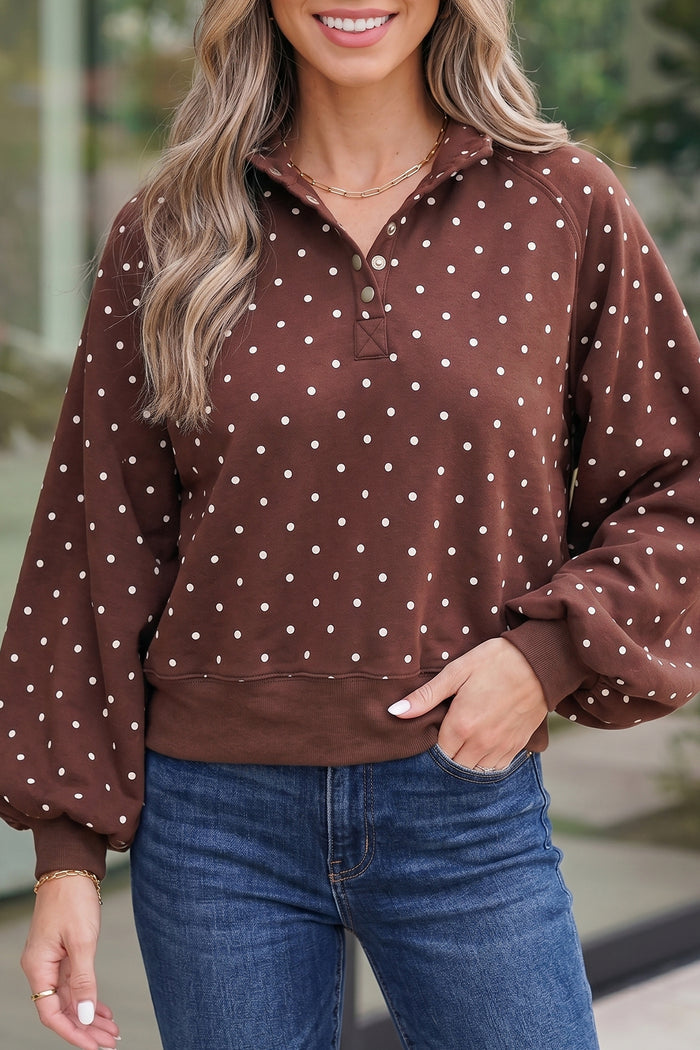 Pink Polka Dot Print Metal Button Collar Casual Pullover Sweatshirt Shewin